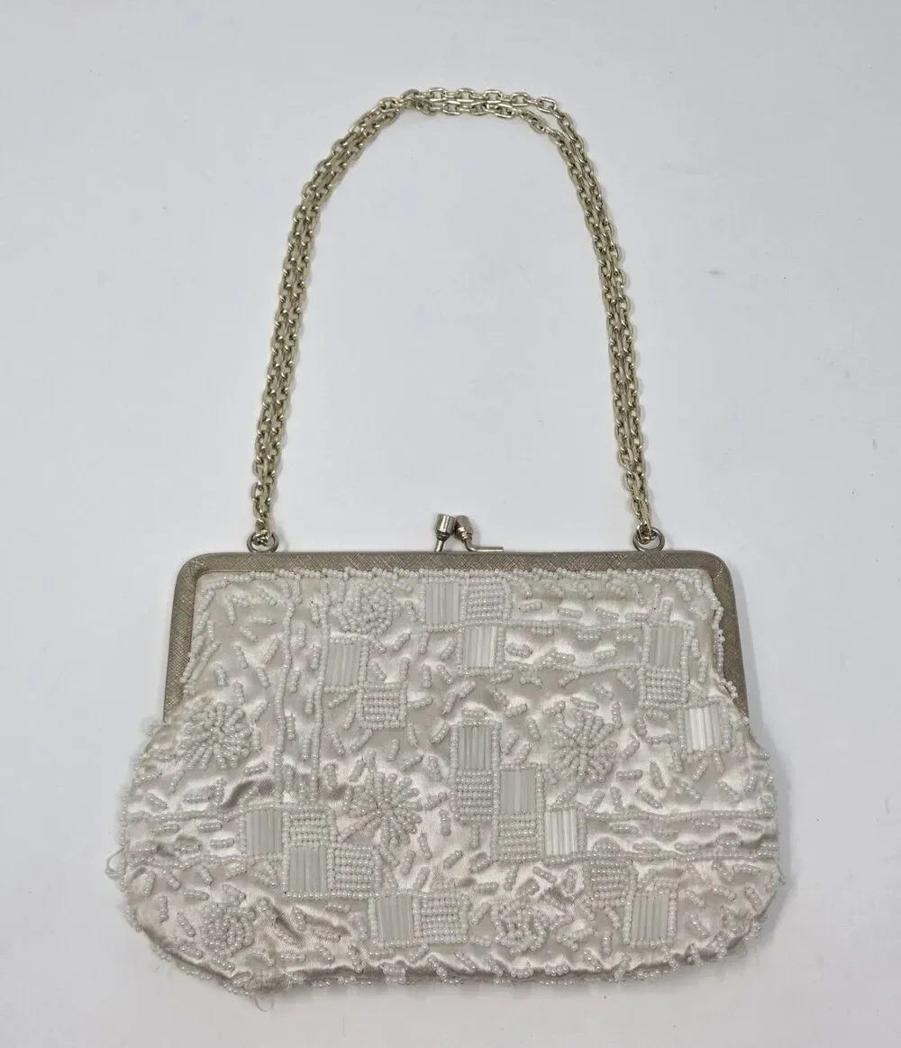 Vintage La Regale Beaded Evening Purse‎ Ivory Satin Kiss Lock Hong Kong Wedding